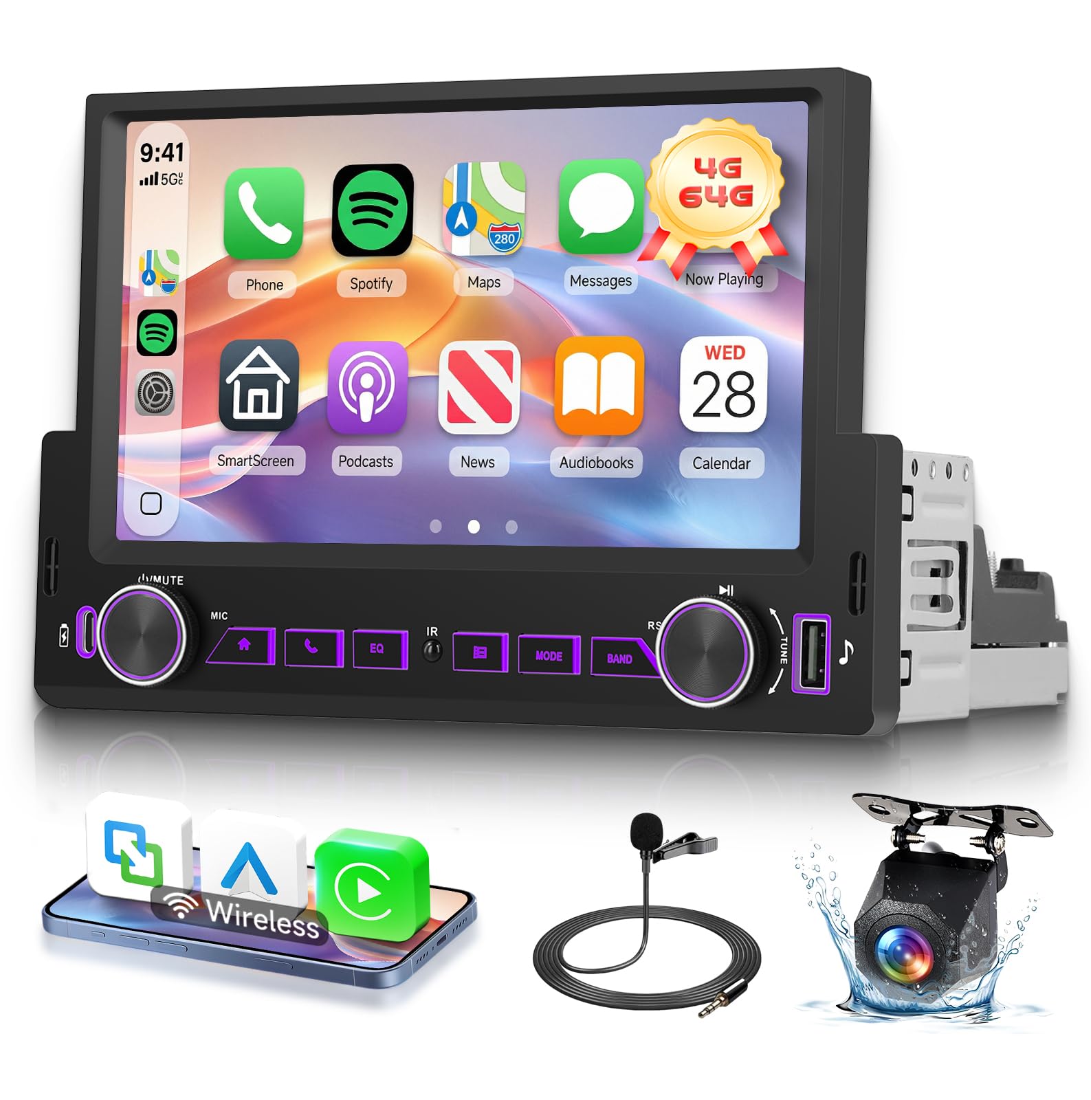 Hodozzy 4G+64GB 鉄道車両ラジオ受信機 Android GPSナビゲーション 無線電話CarPlay Android Auto相応う 7inタッチスクリーン 1DIN鉄道車両ラジオ受信機 Bluetooth、無線LAN、FM RDS DSP 映像生まれ変わり相応う Type-C/USB 後ろ側写真機