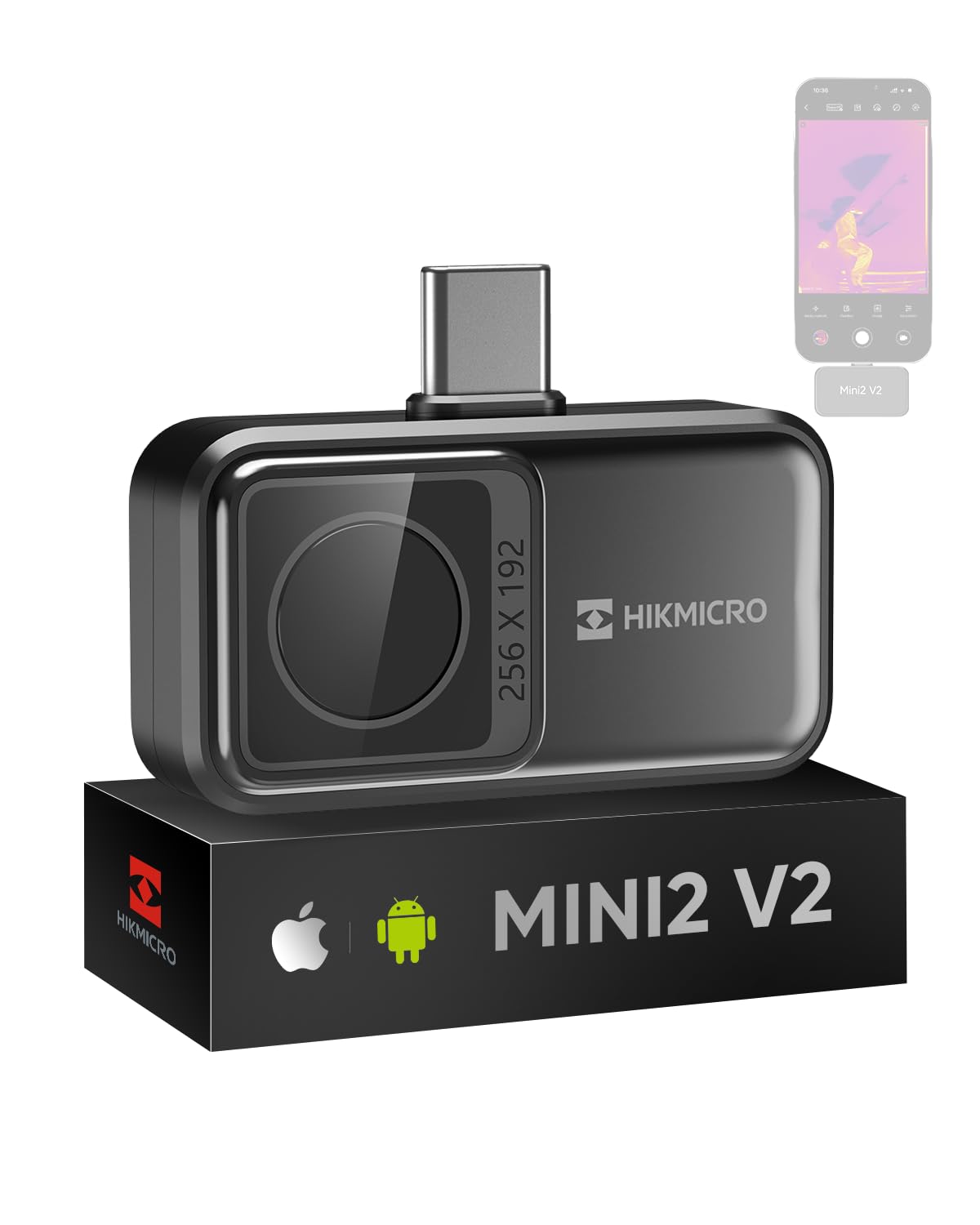 HIKMICRO Mini2 V2 サーモグラフィー サーマルカメラ、スマホ用 Android相応う、256x192 赤外線解像力、512×384 SuperIR、50°広角、映像媒体録画相応う、25サイクルひな形割り合い、乾電池不必要、Type-C（iPhone 15/16/