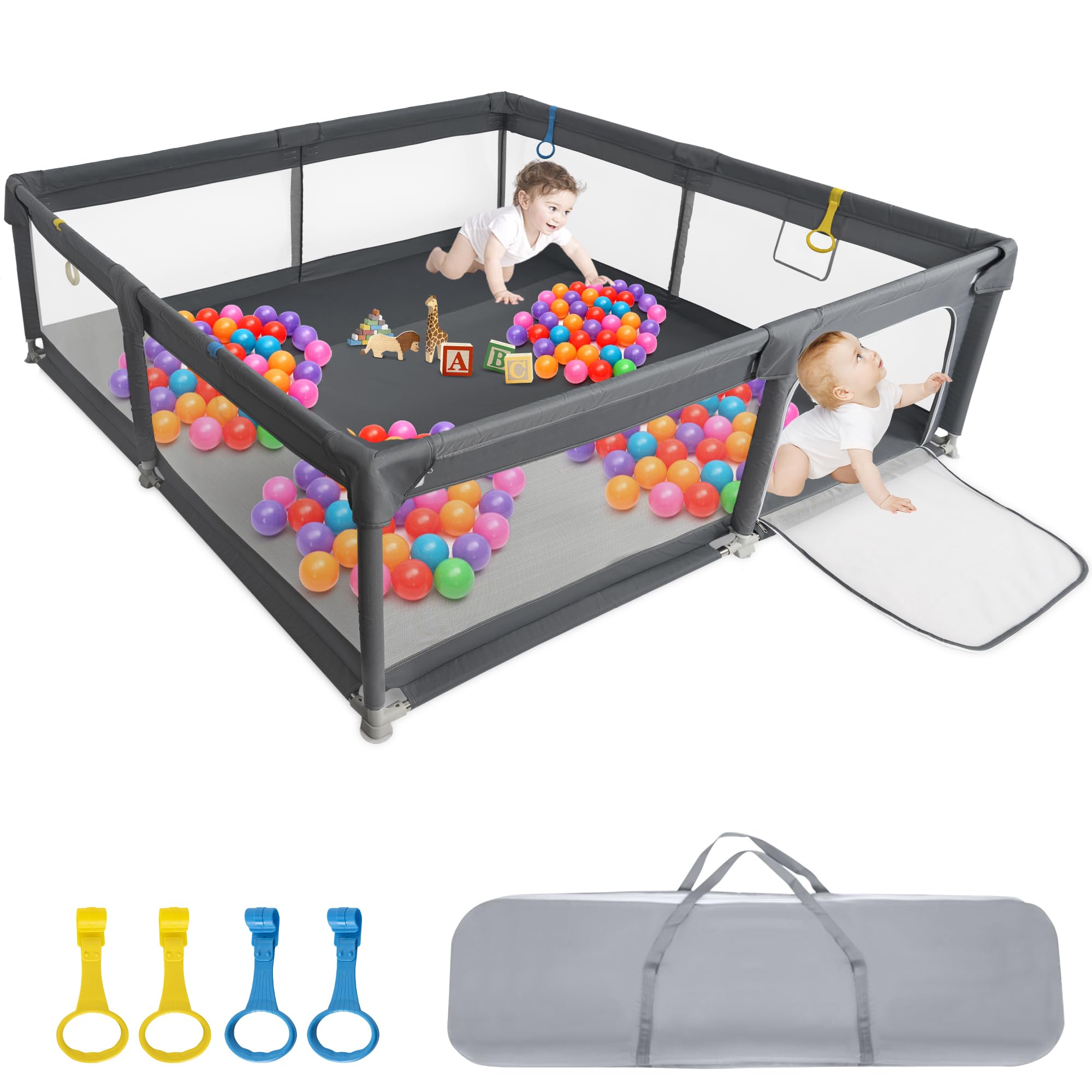 BQKOZFIN ベビーサークル サークル 赤ちゃん（200x200x66cm）正方形 コンパクト 扉付き 大型 プレイヤード baby playpen 滑り止め吸盤 メッシュタイプ 洗濯可能 収納バッグ付き 室内外対応 子供 軽量 ｜KNK chance