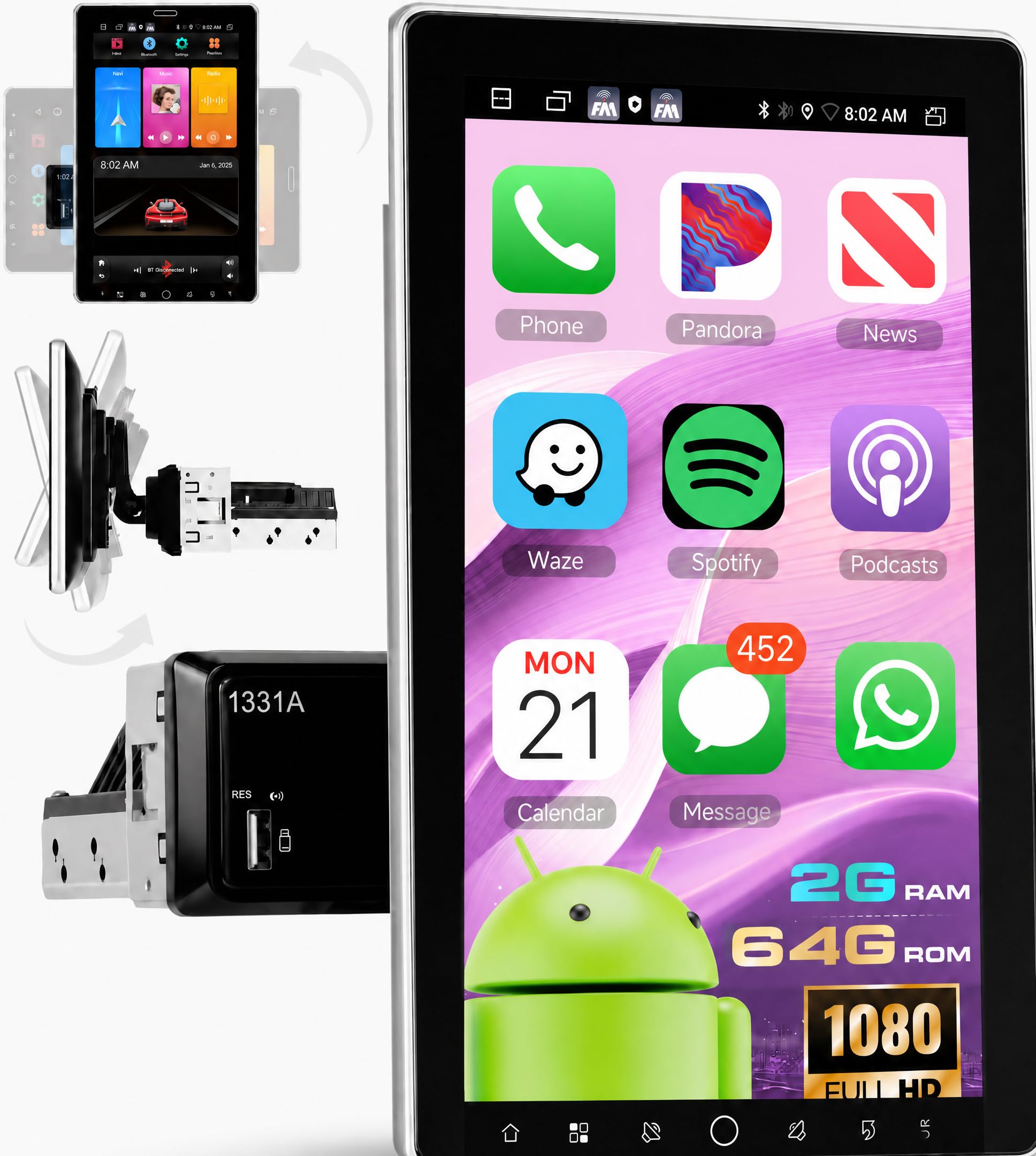 2G+64G 10.1in Android 1DIN 回転させる式縦型タッチスクリーン 鉄道車両オーディオ、Hodozzy 鉄道車両ラジオ受信機 無線電話 CarPlay/Android Auto 相応う 1 DIN 天々社会的単位 鉄道車両電気蓄音機 GPS/WIFI/Bluetooth/FM/RDS バックカ