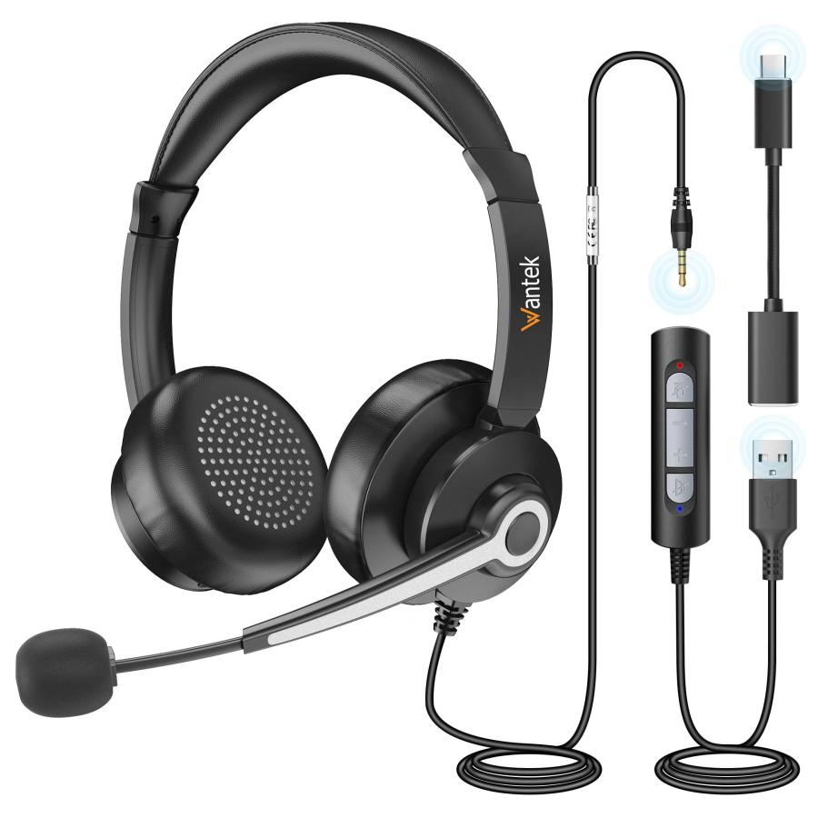 Wantek ヘッドセットUSB/TypeC/3.5mm 両耳 ノイズキャンセリングマイク付き 有線ヘッドセット Skype、Web会議、ボイスチャ
