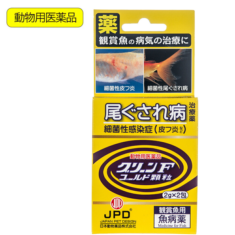 動物用医薬品　観賞魚用魚病薬　ニチドウ　グリーンＦゴールド　顆粒　２ｇ×２包　薬効５～７日間　水草不可　尾ぐされ症状　細菌性皮フ炎　関東当日便