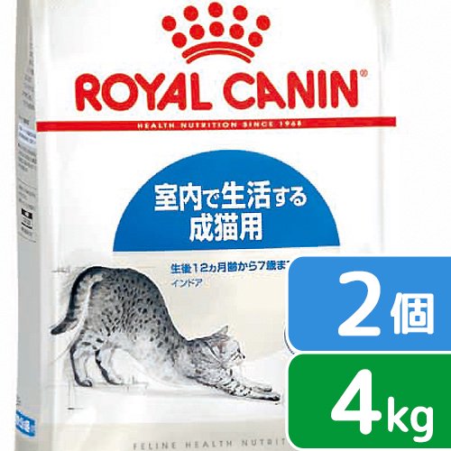ロイヤルカナン　猫　インドア　室内で生活する成猫用　生後１２ヵ月齢から７歳まで　４ｋｇ&times;２袋　ジップ付　お一人様２点限り　関東当日便｜charm 店