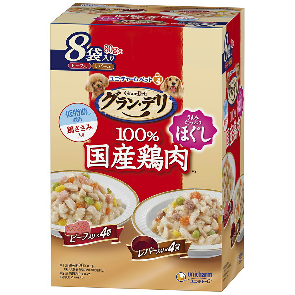 グラン・デリ　国産鶏ささみ　パウチ　ほぐし　成犬用　ビーフ入り＆レバー入り　８０ｇ×８袋パック×１０　関東当日便
