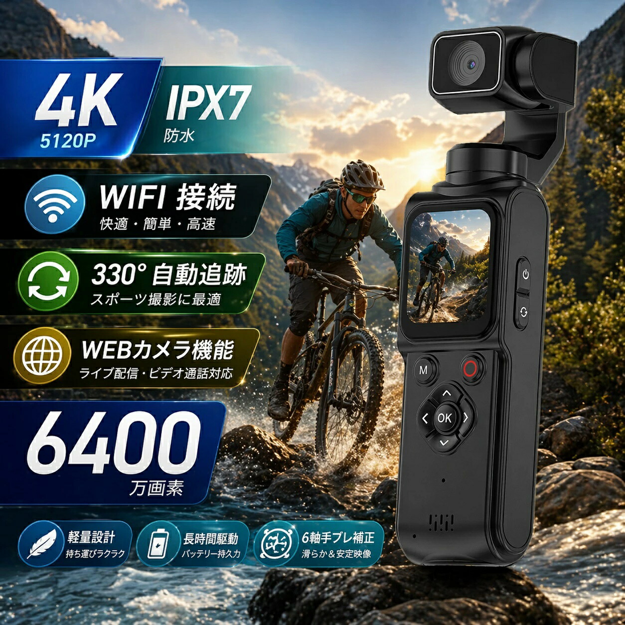【2026新登場】タッチパネル搭載 Vlogカメラ 4K 6400万画素 高画質 手ぶれ補正 自撮り 顔認識 330度回転レンズ WiFi転送 小型 軽量 ポケットサイズ 美顔 タイムラプス WEBカメラ