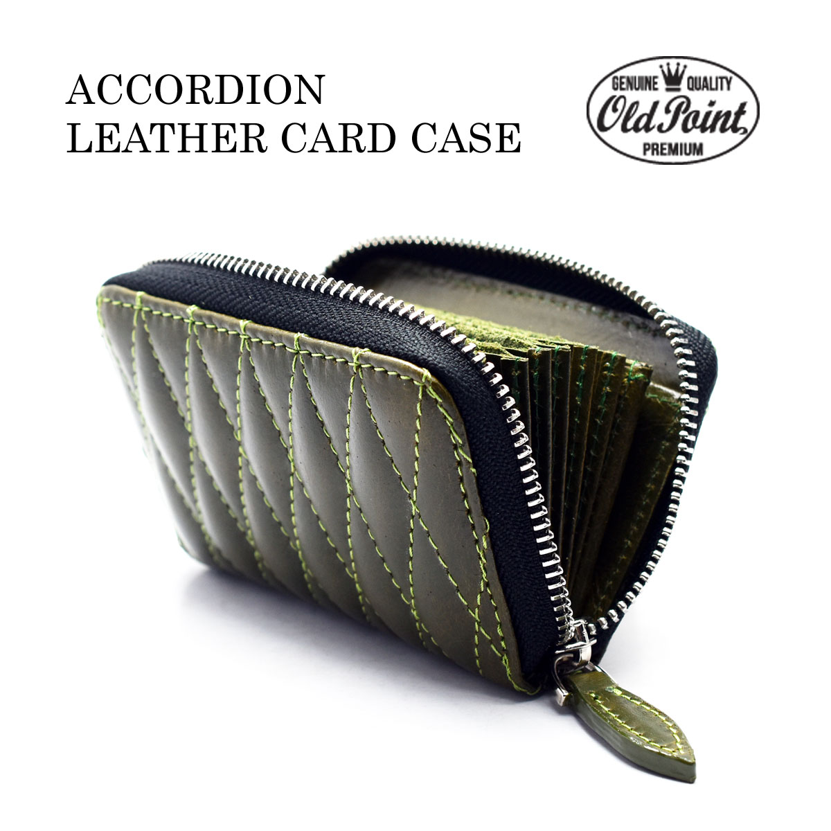 オリジナルブランド Funny カードケース 本革 牛革 名刺入れ キルティング カード入れ 蛇腹 Redwing アコーディオンカードケース キルティング ダイヤモンドステッチ グリーン Old Point オールドポイント ブランド メンズ レディース おしゃれ 大容量 収納力 ギフト