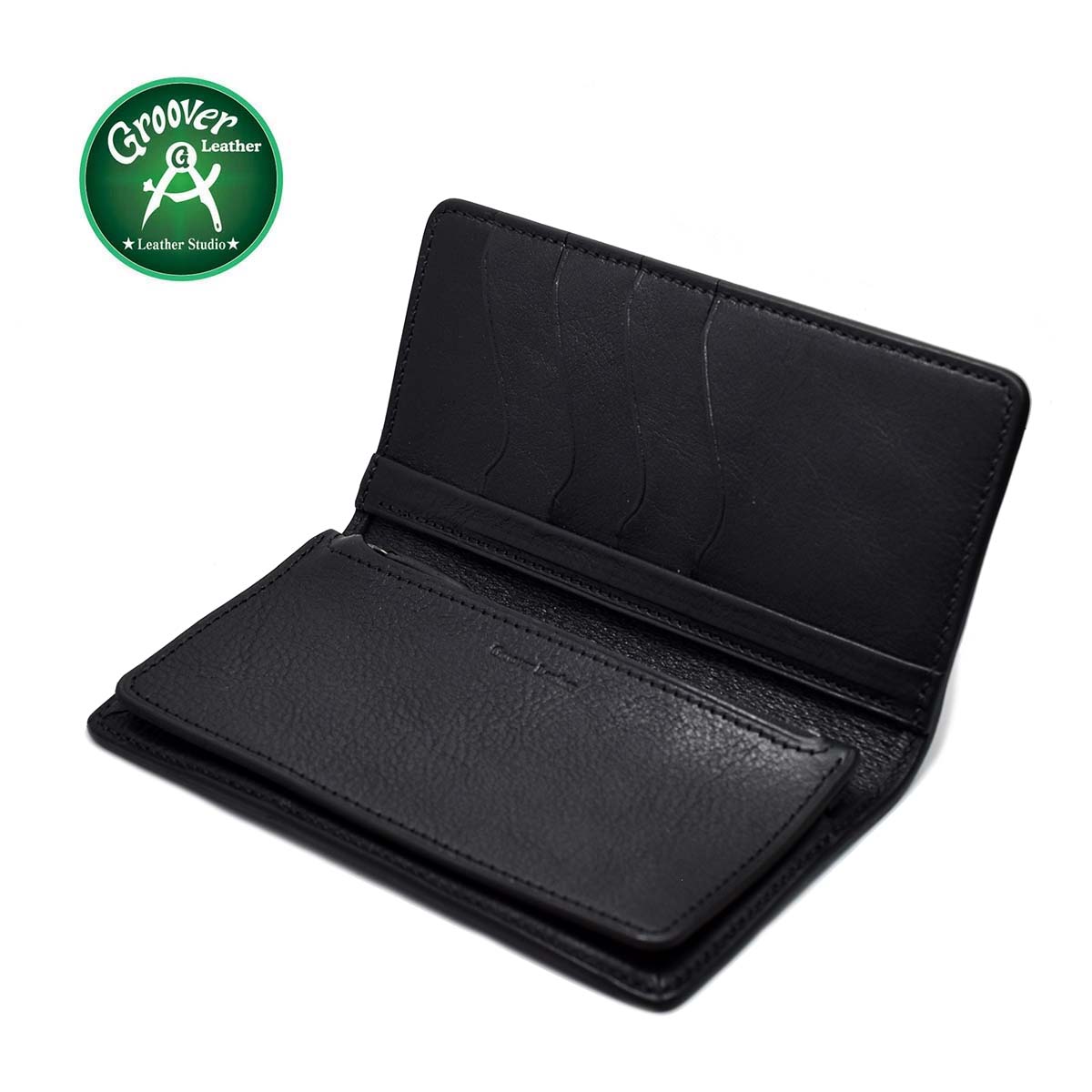 【正規取扱店】札入れの底が広がる使いやすいウォレット Groover Leather グルーバーレザー GSW-200-BLK 手縫い ロングウォレット プレーン ブラック レザー 牛革 日本製 手作り メンズ 財布 かっこいい 本革 ウォレット