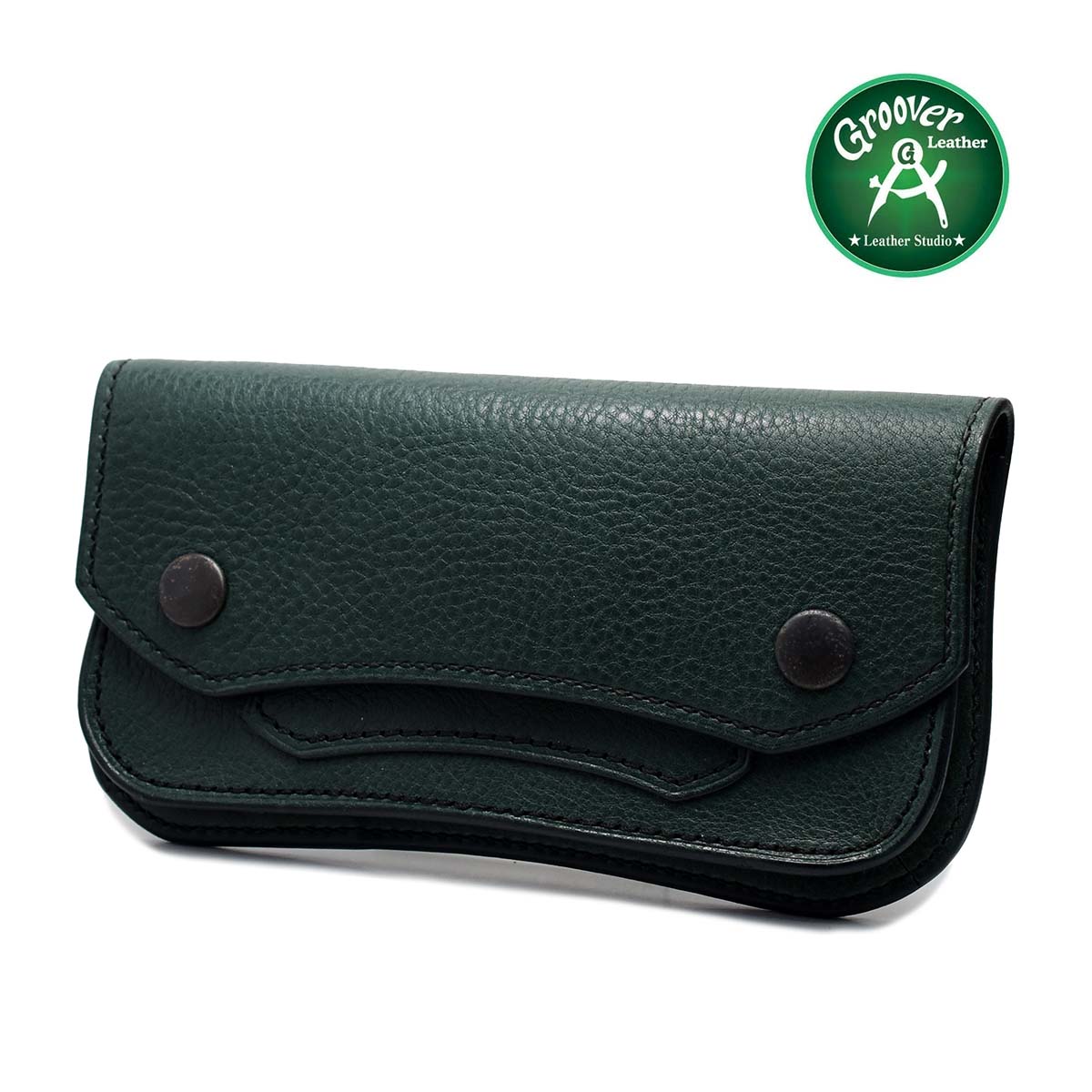 【置き目取りまわし店】紙入れの底が広がる使い分かりやすいウォレット Groover Leather グルーバーレザー GTW-100 手縫い ロングウォレット トラッカーウォレット モスグリーン なめし革 牛皮 日本製  紙入れ トラッカーズウォレット
