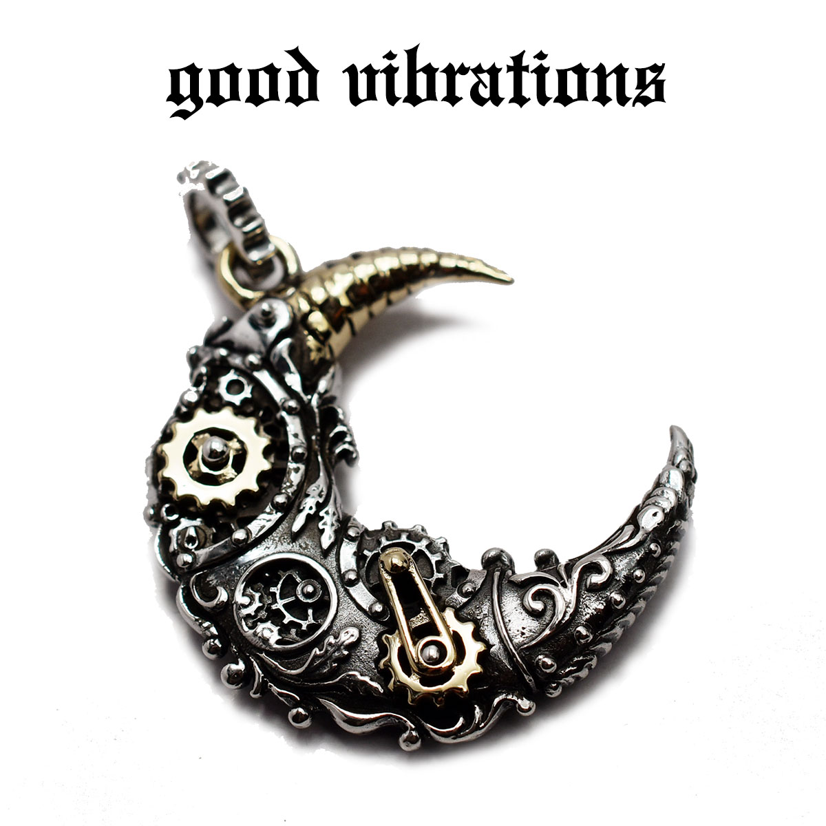 楽天市場 正規取扱店 Good Vibrations グッドバイブレーションズ インダストリアル 歯車 ギア スチームパンク クレセントムーン 三日月 チャーム ペンダントトップ シルバー 純銀 Silver925 ネックレス 送料無料 Chaos Accessory