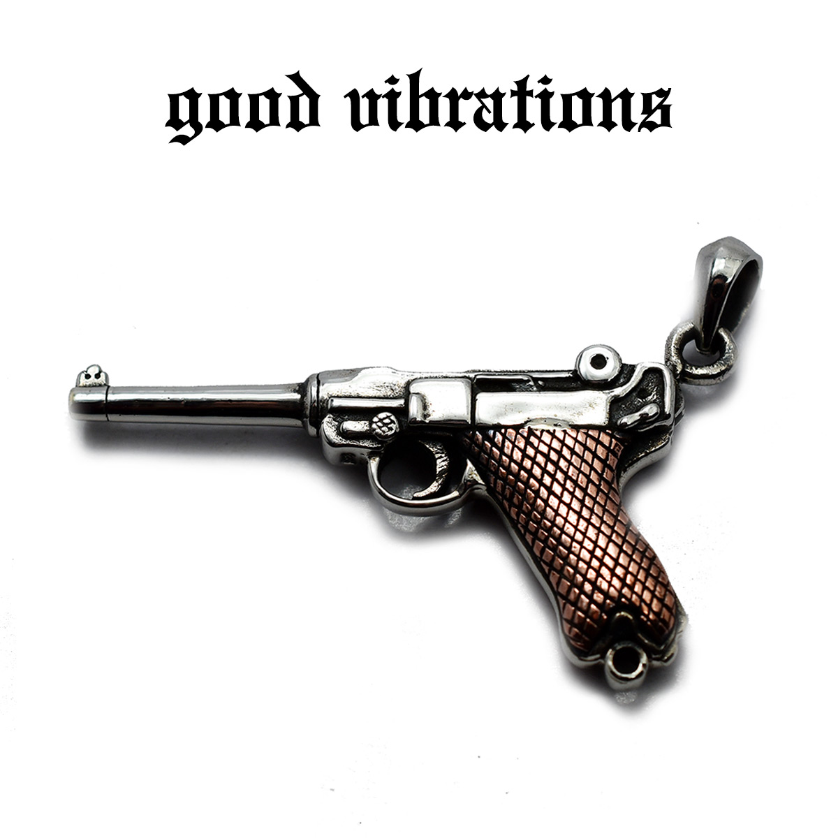 肌触りがいい 正規取扱店 当店限定 別注アイテム Good Vibrations グッドバイブレーションズ スターリングシルバー カッパー 自動拳銃 ルガーp08 モチーフ デザイン ミニチュアペンダント トグルアクション 尺取虫 9mmパラベラム弾 チャーム ペンダントトップ