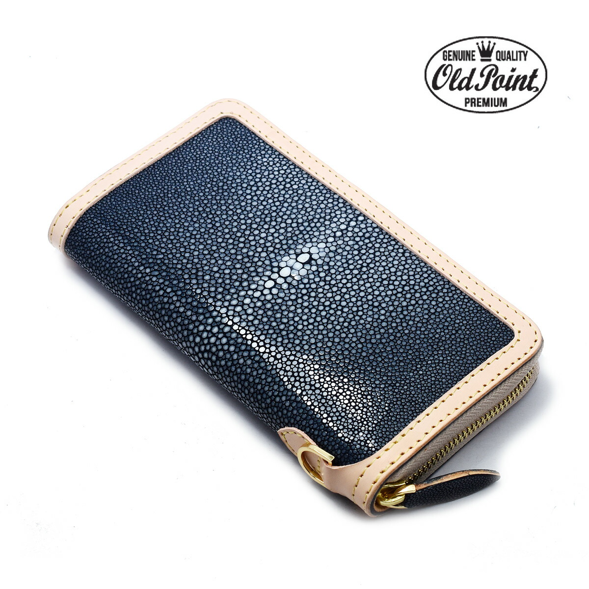 魅了 楽天市場 オリジナルブランド 送料無料 エイ革 財布 メンズ 長財布 ウォレット Old Point オールドポイント スティングレイ スティングレー ガルーシャ 財布 ラウンドファスナーウォレット Dリング付き ネイビーポリッシュ タン レザーウォレット 本革