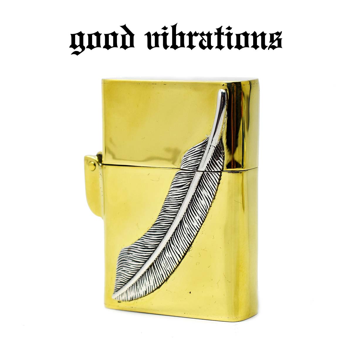 【good vibrations 正規取扱店】オイルライター ZIPPO型 ブラスケース ライター≪重厚 ソリッドブラス/シルバーフェザー≫ブラス/真鍮/純銀/シルバー/羽/ネイティブ/インディアン/グッドバイブレーション