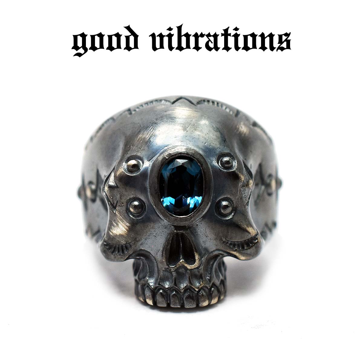 【good vibrations 置き目取りまわし店】しろがね色付属品 指環 グッドバイブレーションズ 原住民 スカル 輪っか 天然石 青みトパーズ色 アンティークしろがね色 銀古美 鵞鳥金属元素 ひな型輪っか #17 #21 17号 21号 純銀 しろがね色925