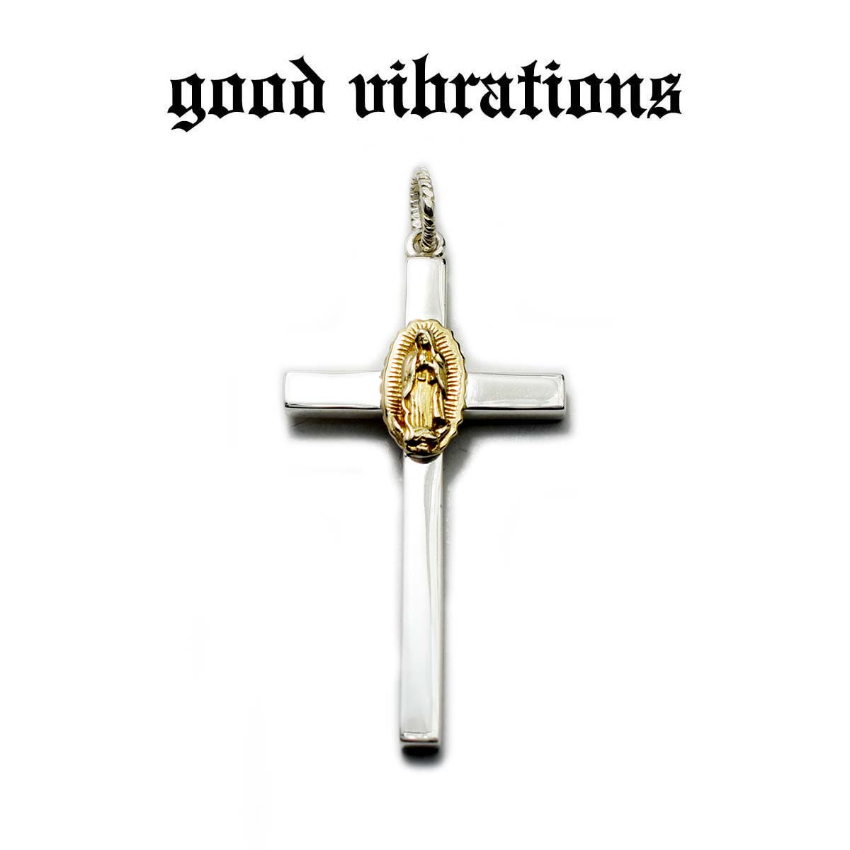 【good vibrations 正規取扱店】シルバーアクセサリー メンズ グッドバイブレーションズ リバーシブル クロス グアダルーペの聖母 マリア アラベスク 唐草模様 ブルートパーズ 天然石 チャーム ペンダントトップ ロザリオ 十字架 シルバー 925 純銀 ネックレス
