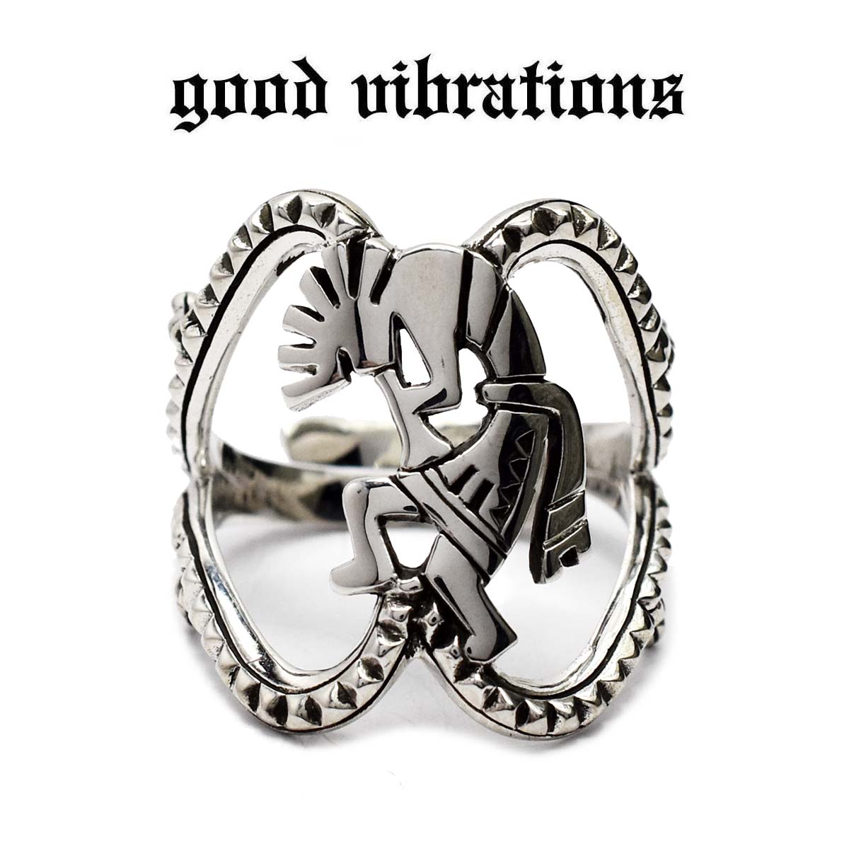 【good vibrations 定まり取りまわし店】しろがね色添え物 指環 メンズ グッドバイブレーションズ ココペリ カチーナ 輪っか ピラミッドスタッズ 無償性大いさ 18号 しろがね色輪っか ネイティブアメリカン 北米インディアン宝飾品 動機 スターリング しろがね色 925