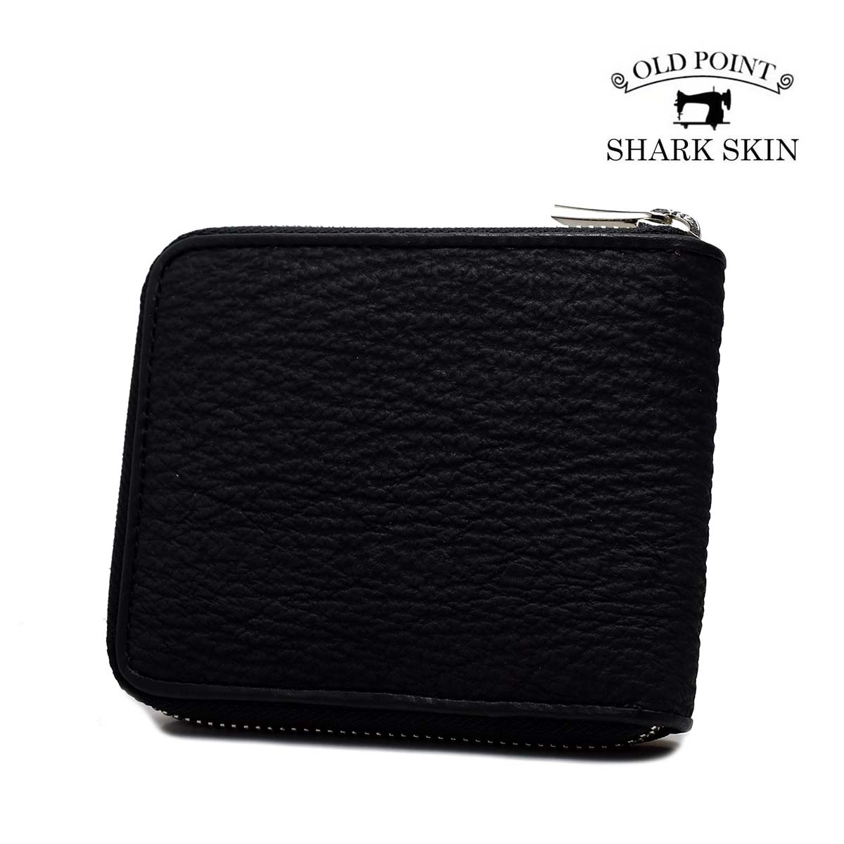 二つ折り財布 メンズ 財布 サメ革 ラウンドファスナー ショートウォレット シャークスキン ブラック/レッド OLD POINT オールドポイント 鮫革 革財布 ハンドメイド 本革 財布 かっこいい 送料無料