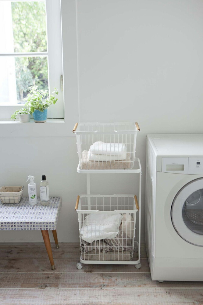 ランドリーバスケット 2段 おしゃれ 洗濯かご 山崎実業 Tosca キャスター ワイヤーバスケット セット 大容量 白 洗濯物入れ L オシャレ M トスカ キャスター付き お洒落 ランドリーワゴン 洗濯籠 洗濯カゴ 洗面所 ホワイト