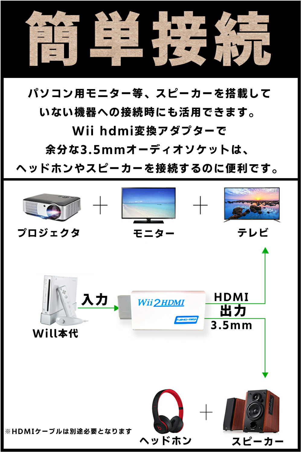 楽天市場 Wii専用 Wii To Hdmi コンバーター Wii To Hdmi 変換アダプタ ニンテンドー Nintendo Wii専用hdmi コンバーター480p 7p 1080pに変換 3 5mmオーディオ ポイント消化 送料無料 きゃらニャン