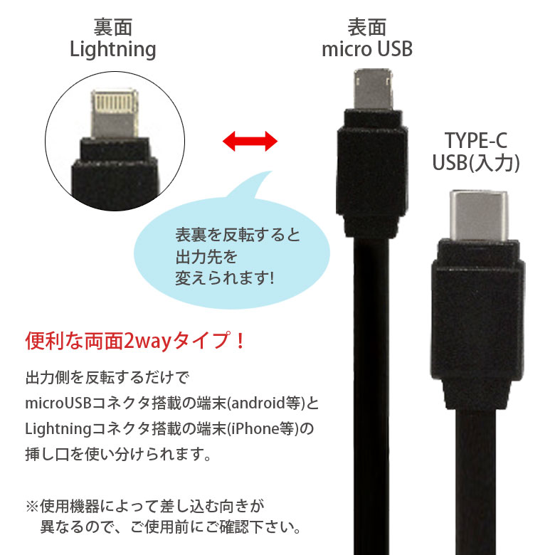 楽天市場 両面 2way Lightning Microusb 対応 ケーブル Type C入力 急速充電 2 4a 1 2m マイクロusb ライトニング 同期 充電ケーブル フラットケーブル 通信ケーブル コード 充電 ケーブル かわいい 便利 キャラスマ