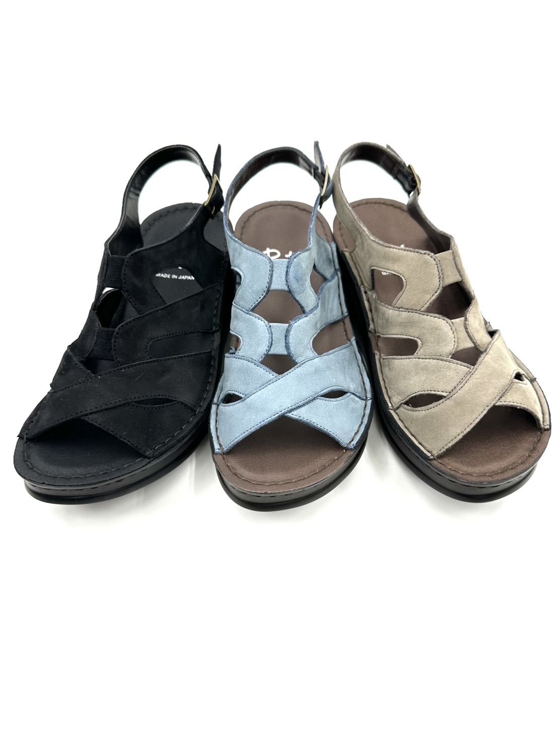 大人気Put's2025年新作 2025年製造 42292 手縫い 快適コンフォート ウォーキングサンダル 外反母趾対応 お洒落 履きやすい 歩きやすい クッション性 低反発 レザー 日本製 レディース 3E 牛革 ブラック ブルー グレー らくちん お洒落｜ソシュール・ハマノ