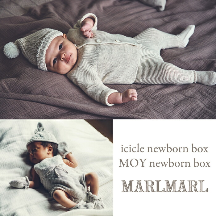【MOY・icicle newborn box】 マールマール MARLMARL ニューボーンボックス 名入れ刺繍 ニット 綿100％ 男の子 女の子 0歳～ ベビー 赤ちゃん 新生児 ロンパース 帽子 ミトン ブーティ 4点セット ニットパンツ 帽子 カーデ 3点セット クロス付き 出産祝い ギフト プレゼント｜ベビー＆キッズ Cheermomチアマム