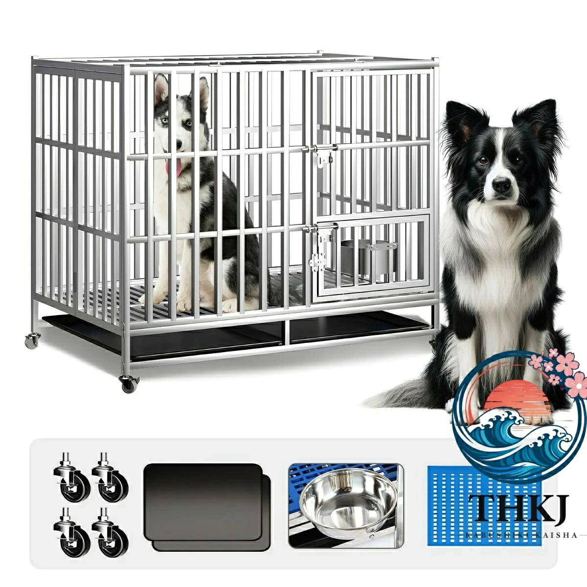 犬 ケージ 小型犬 中型犬 大型犬 ステンレス鋼製 犬ゲージ 頑丈な犬用ケージ 犬小屋 折り畳み式 ダブルドア トレー マット 給餌器 キャスター付き 耐荷重 250KG ペットケージ ペットかご 犬用サークル 組立簡単 W95cm×D65cm×H79cm|cheriebijou