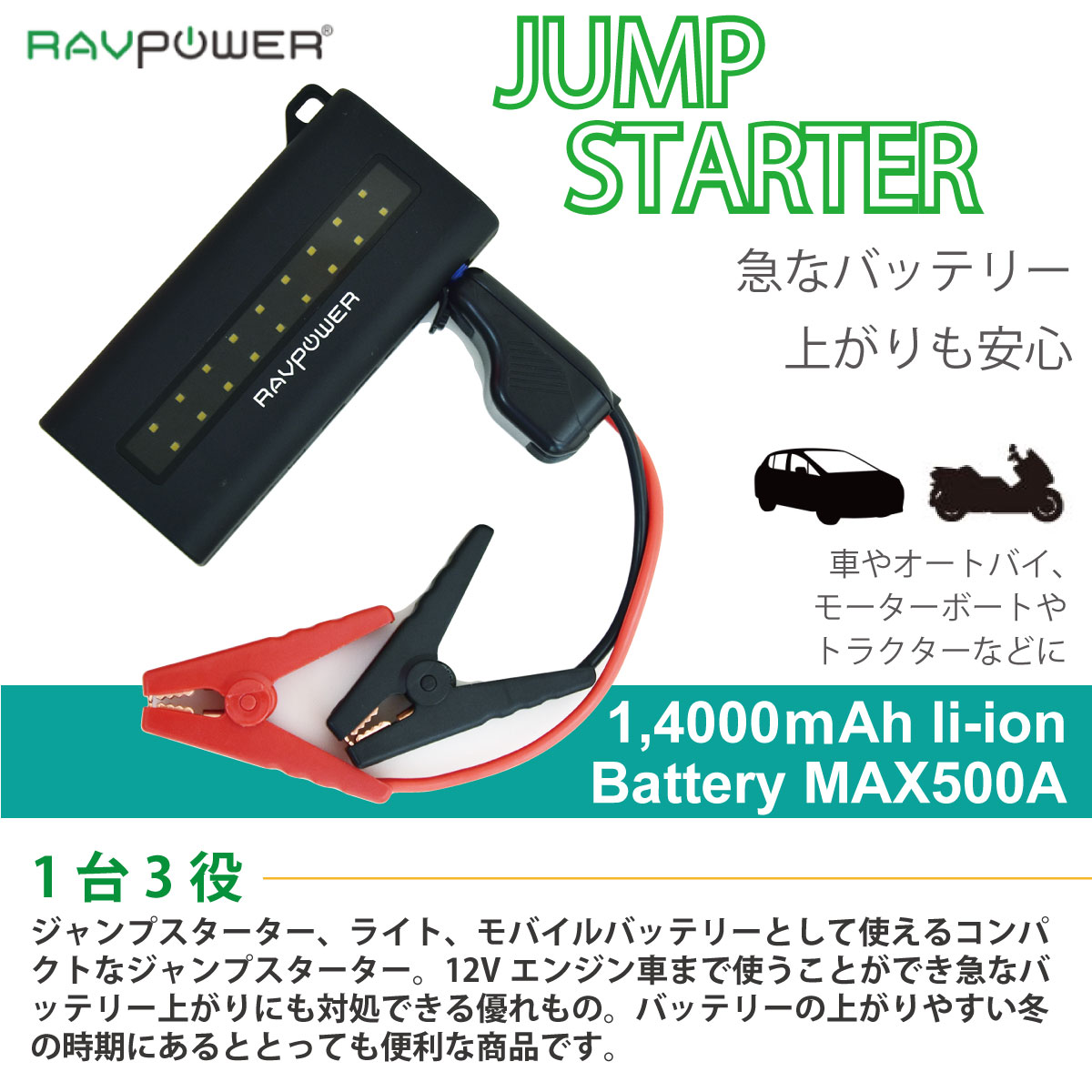 楽天市場 ジャンプスターター Ravpower mah エンジンスターター 大容量 モバイルバッテリー カー ドライブ Ledライト 安全保護機能搭載 カー用品 車 Rp Pb086 チェリーベル キッチン