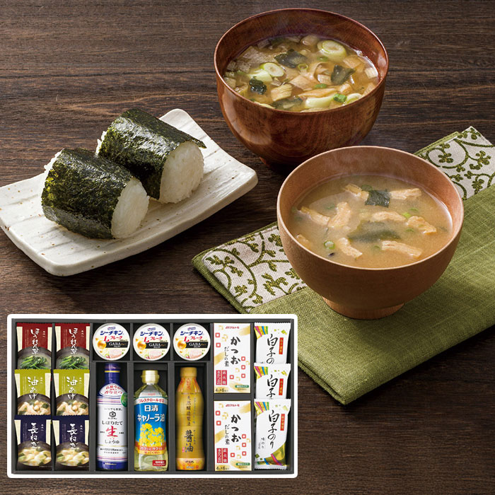 \ポイント10倍/味噌汁 シーチキン 詰め合わせ ギフト 和風バラエティギフト EM-EOS【AP】お中元 人気 おすすめ ギフト 贈答 お取り寄せグルメ 美味心 フリーズドライ味噌汁 かつおだしの素 白子のり味のり シーチキンLフレークGABA入り 伊|ちばや