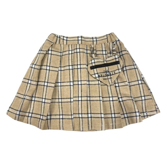 【2023秋冬新作】byLOVEiTインパン付きハートポシェットチェックスカートNo.7834105（子供服女の子キッズトドラージュニアバイラビットボトムスプリーツスカートスカパンインパンハート型ポシェットガーリー可愛いベージュブルー秋冬)