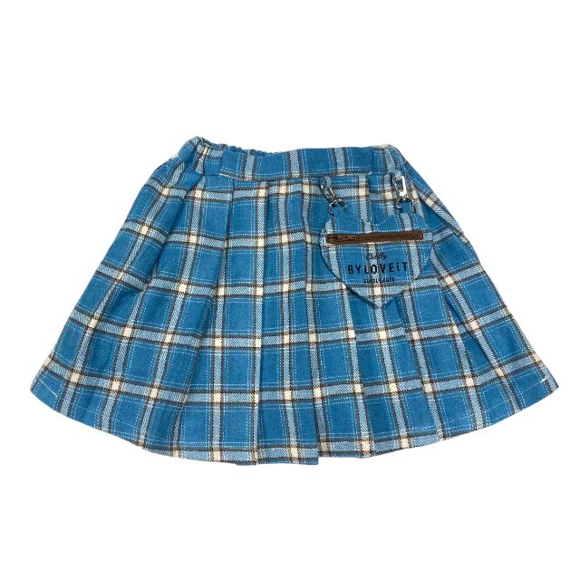 【2023秋冬新作】byLOVEiTインパン付きハートポシェットチェックスカートNo.7834105（子供服女の子キッズトドラージュニアバイラビットボトムスプリーツスカートスカパンインパンハート型ポシェットガーリー可愛いベージュブルー秋冬)