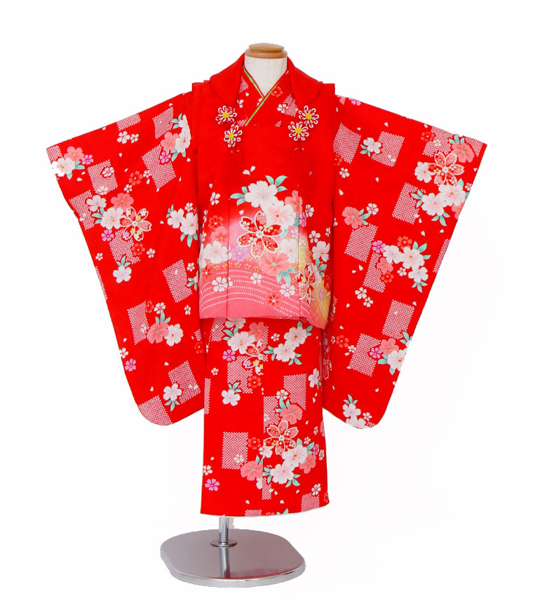 お買い物マラソンスタート！【レンタル】【3-0020】★期間限定クーポン発行中★七五三 着物　被布　３歳　女の子　フルセット　七五三レンタル　七五三着物３歳　七五三着物　髪飾り　草履　バッグ　７５３着物　４泊５日 桜をちりばめたお着物
