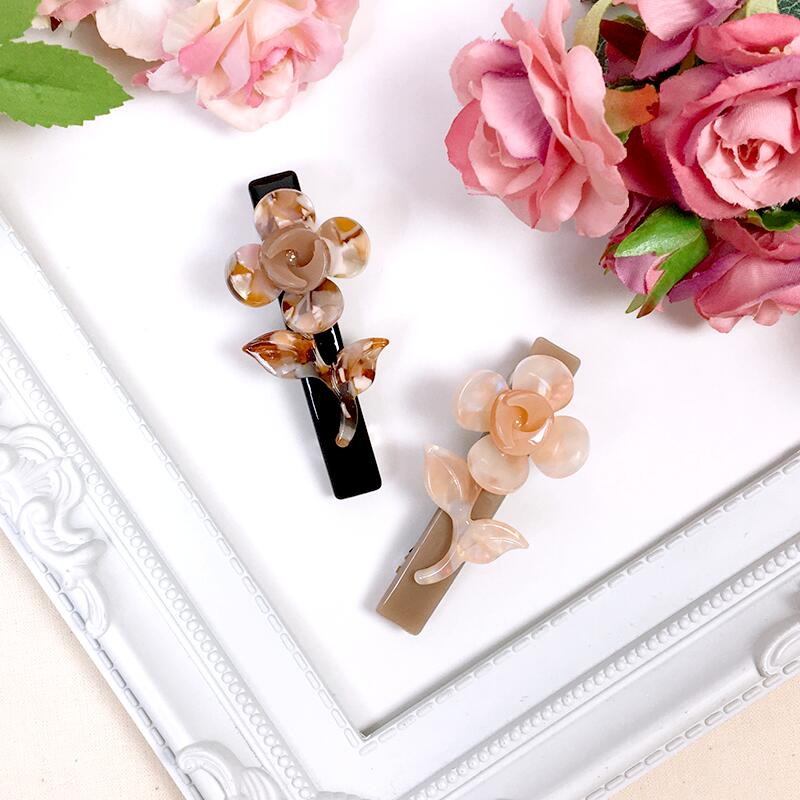 ミニ バレッタ フラワーピンク ブラウン ローズ バラ 一輪 髪留め ヘアアクセサリー アクセサリー ワンポイント ビジネス シンプル 小さめ 実物