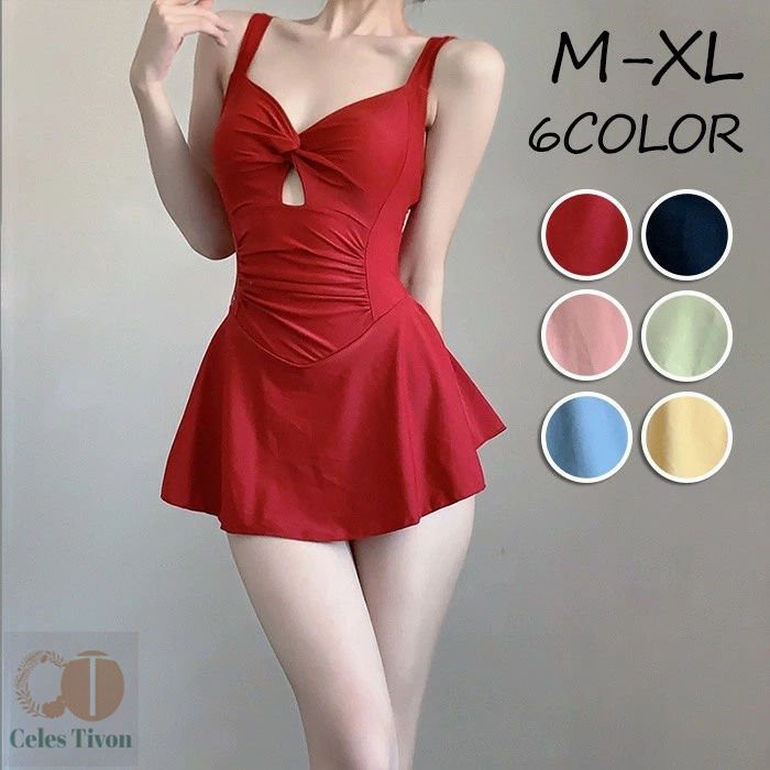 【6color】ワンピース水着 レディース ノースリーブ リボン パッド付き セクシー フリル 水着 肩出し 着痩せ 水着 学生 ワイヤーなし 小柄 コスプレ 衣装 撮影 写真用 映える 温泉 プール ビーチ レッド ブラック ピンク グリーン ブルー イエロー M L XL｜千陽ストア