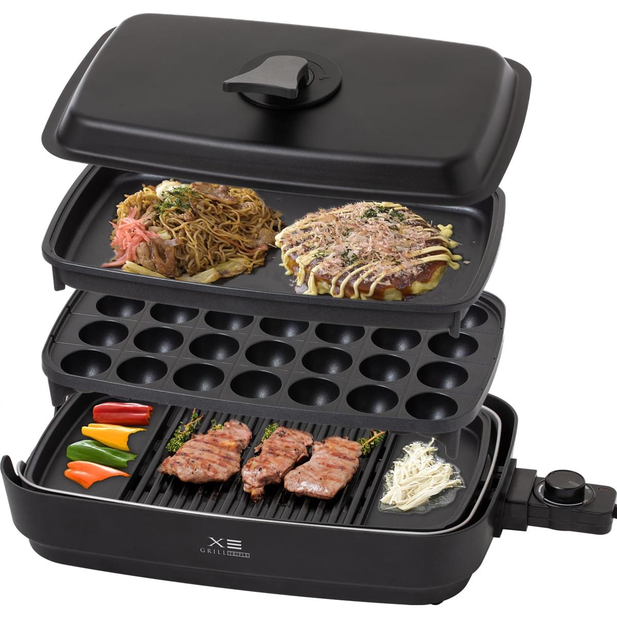 山善 煙の少ない 焼き肉グリル XGRILL TRIPLE 一人暮らし 二人暮らし 素早く、美味しく焼ける ホットプレート 3枚 (焼肉/たこ焼き/平面) 煙約65%カット 温度調節80~230度 プレート着脱可能 YHP-TX130(B)｜ちいさなしあわせストア