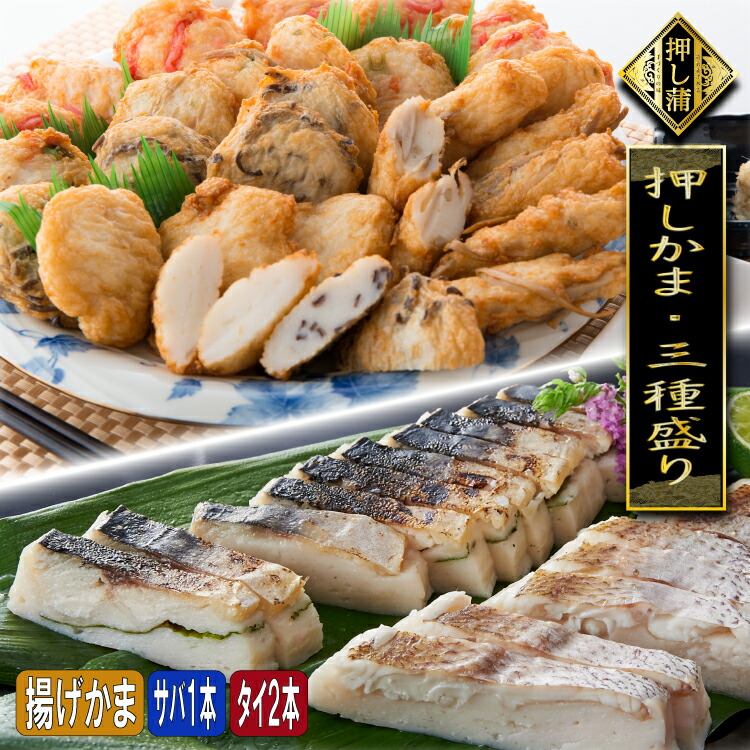 押し蒲三種盛り 松 さば1本 真鯛 2本 <br> 真空パック クール便発送 <br> 贈り物 贈答 美味い 天ぷら 練り物 すり身 かまぼこ さつま揚げ ひらてん エソ天 魚ろっけ ごぼてん <br> 贈り物 贈答 福岡県 福津産 宮司岳神社 <br> おつまみ お酒 魚