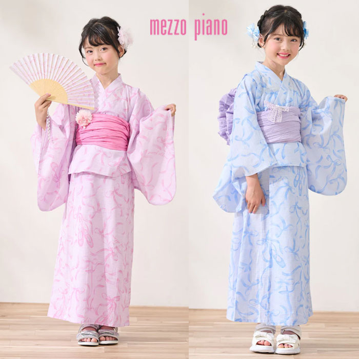 (26ss) mezzo piano（メゾピアノ）トゥシューズリボン柄 浴衣【人付き合い冷感・吸水速乾】（ゆかた）-2607【110糎-140糎】【宅配便】