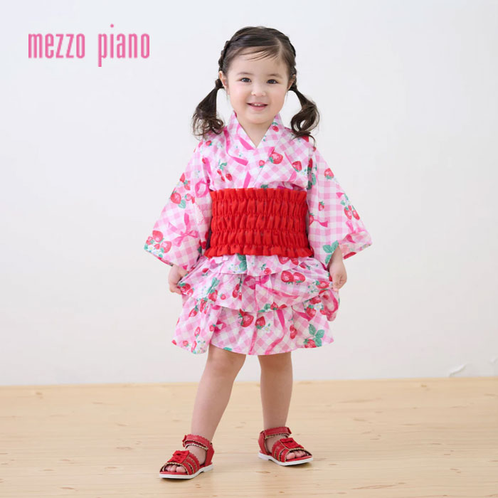 (10%OFF)(26ss) mezzo piano（メゾピアノ）ギンガムいちご柄 浴衣御召しもの【当たること冷感・吸水速乾】-2605【100糎】【宅配便】