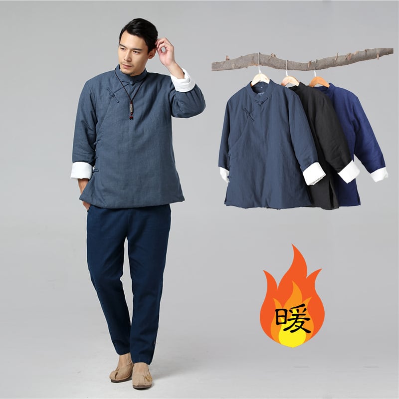 瀬戸もの服 上衣 メンズ 漢服 成人男性用 中綿 生あたたかい カンフー 瀬戸もの名取り草 折りかえし白袖 曲がった襟 中華風 秋冬