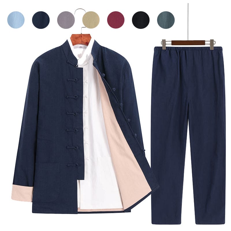 チャイナ服 メンズ カンフー チャイナスーツ 唐装 上下セット セットアップ 中華風 ダブルフェイス 綿麻 【送料無料】｜チャイナカジュアル 店