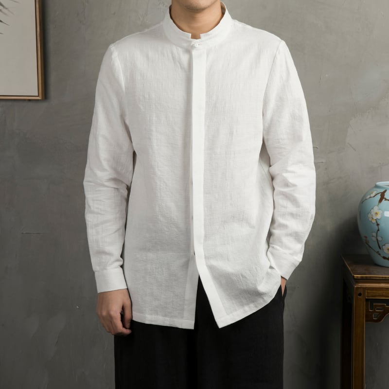チャイナ服 メンズ チャイナシャツ 男性用 中華風 漢服 立ち襟 チャイナボタン 比翼前立て 木ボタン 綿麻 【送料無料】