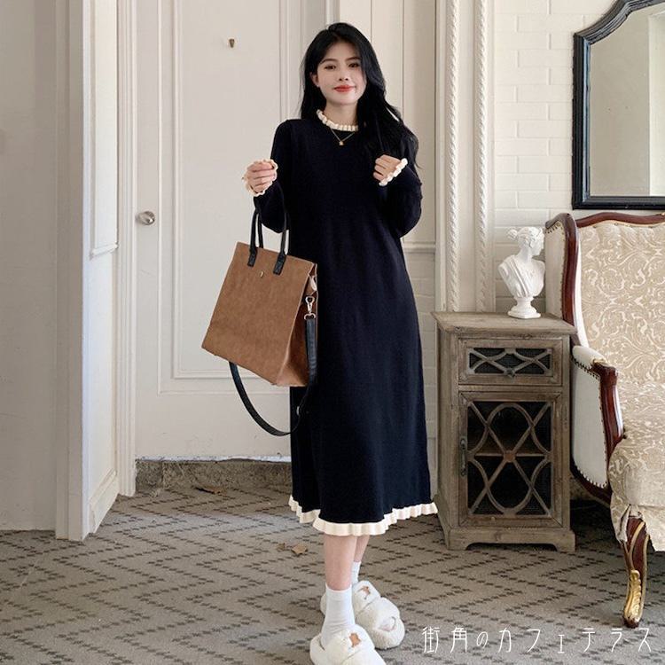 大人かわいい 女子会 オフィス 長袖 お出掛け お呼ばれ スタイルアップ きれいめ ブラック モノトーン 30代 通勤 40代 体型カバー 20代 モノトーン シンプル レディース 二の腕カバー カジュアル Aライン 秋冬 ミディアム丈 ワンピース ミドル丈 通学