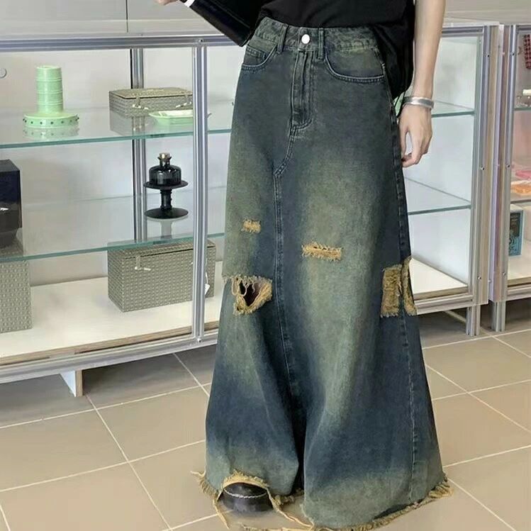 ゆったり デニムロングスカート カジュアル ロングデニムスカート お洒落 秋 デニムスカート レディース 通勤 大人かわいい ダメージ加工 ボトムス SLKB062(S-5XL) カジュアルスカート ロングスカート マキシ丈 大人可愛い オシャレ