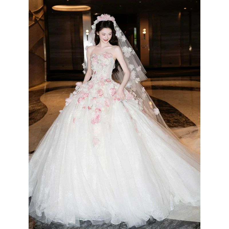 パーティードレス 豪華 華やか カラフル パーティー 前撮り 二次会 披露宴 演奏会 結婚式 後撮り 前撮り ホワイトリボン ピンク 豪華 花柄 花 花嫁 薔薇 バラ ウェディングドレス|アレコレライフ