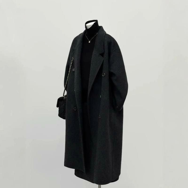 レディース ウール ダークグレー 普段使い 両面 コクーンシルエット ロング ゆったり 冬 高級感 グレー系 カシミヤウール コート
