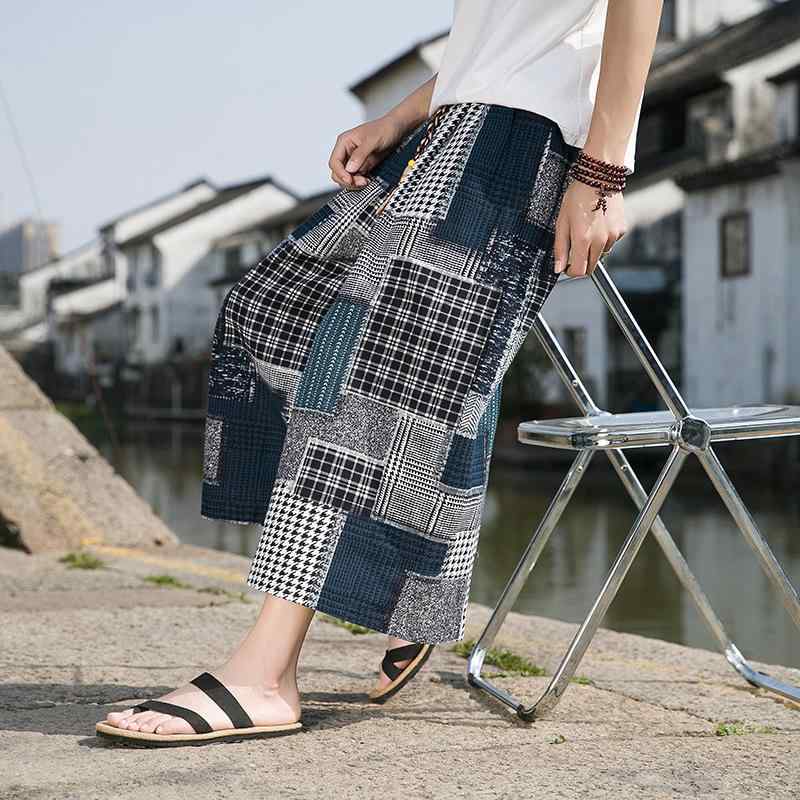 カジュアルパンツ メンズ チャイナ風 綿麻 リネン ストレート ワイド 8分丈 クロップド ゆったり ルーズフィット ミドルライズ ドローストリング 落ち感 通気性 快適 夏 涼しい 普段使い 大きいサイズ ビッグサイズ