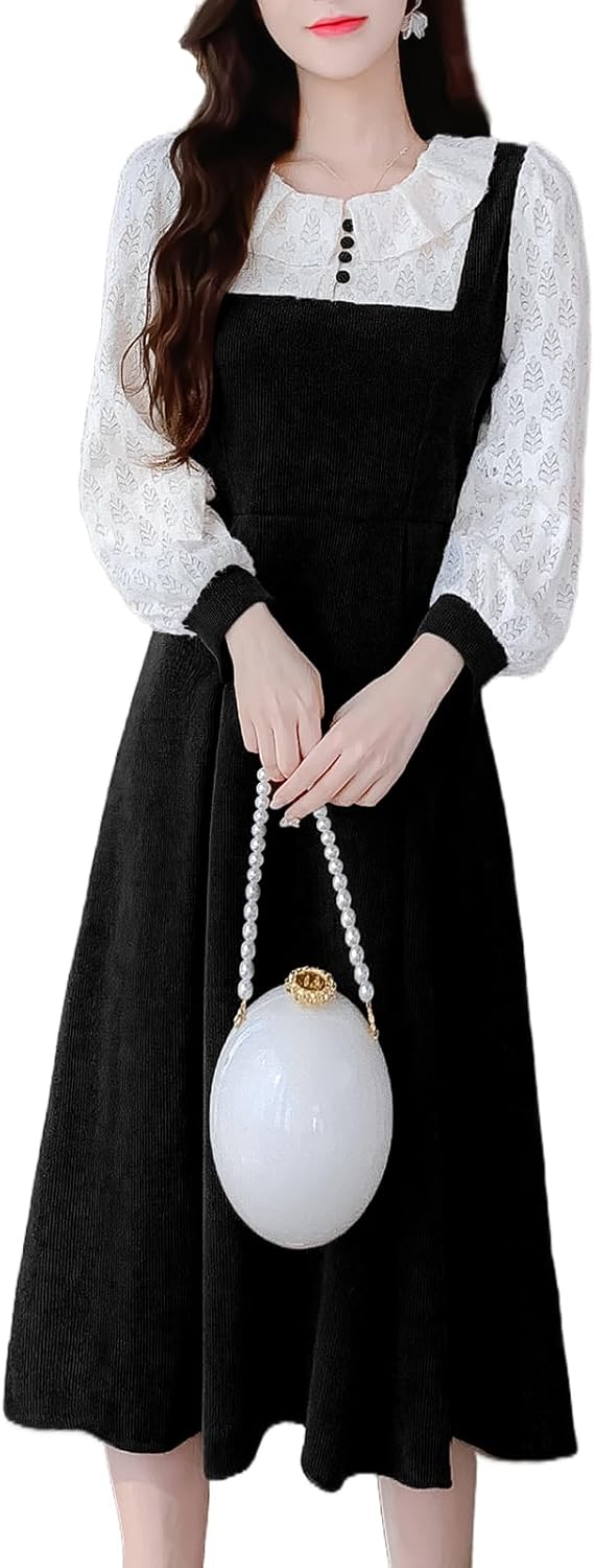 フ 重ね着風 ミディアム丈 ドレス Aライン 着痩せ 体型カバー おしゃれ きれいめ 大人 可愛い コールテン 厚手 暖かい 秋 冬 春