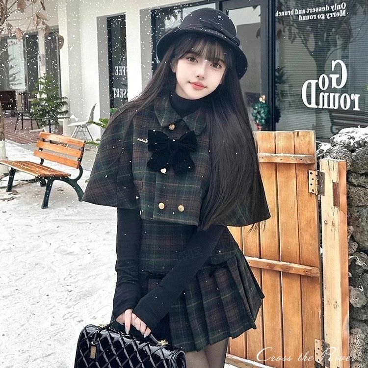 フォ 女子高生 レディース なんちゃって制服 チェック柄 高校生 セット スカート マントコート 入学式 制服 韓国 女の子 スーツ 卒業式