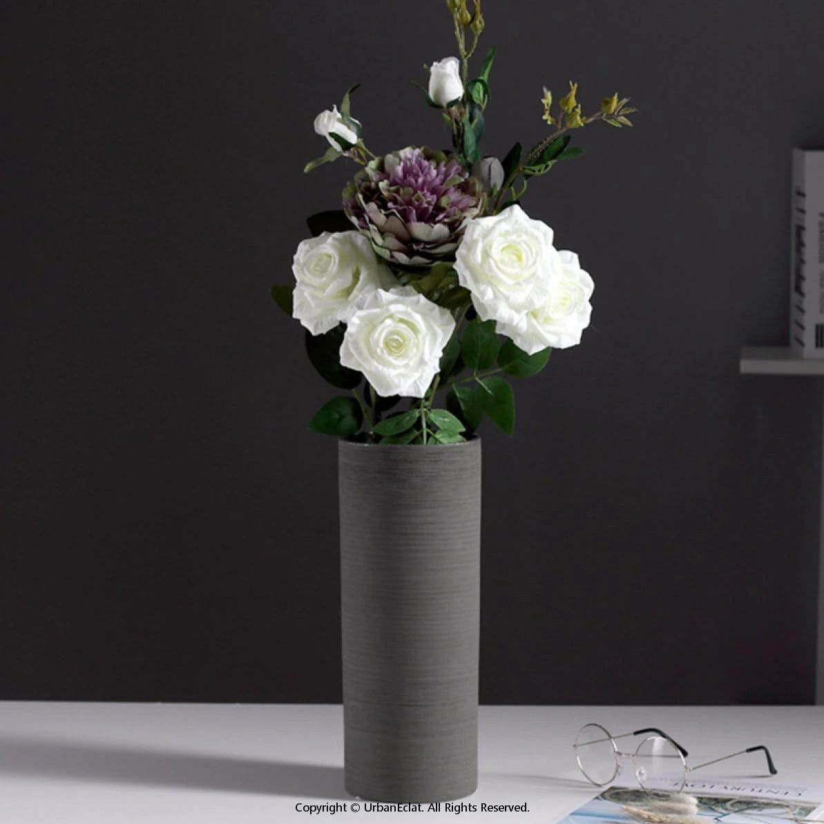 大型 円柱 フェイク フラワーベース インテリア 小物 造花 プリザーブドフラワー グリーン 雑貨 陶器 花器 黒 大きな シンプル 花瓶 北欧 花びん 一輪挿し モダン カ おしゃれ ドライフラワー