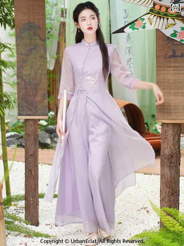パープル アオザイ レディース 禅 文学 パンツ アート 中国風 スーツ 服 チャイナドレス グリーン ティー