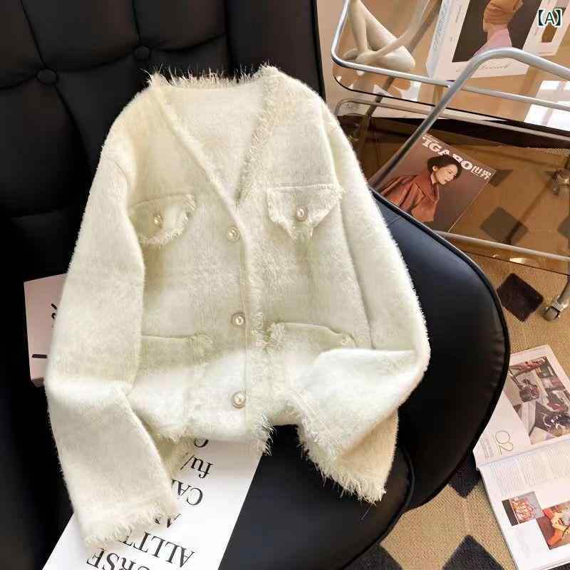 ニットカーディガン レディース Vネック ミンク風 ファー 秋冬 エレガント カーディガン トップス 羽織り 長袖 ふわふわ もこもこ きれいめ かわいい 上品 オフィスカジュアル 通勤 デート 白